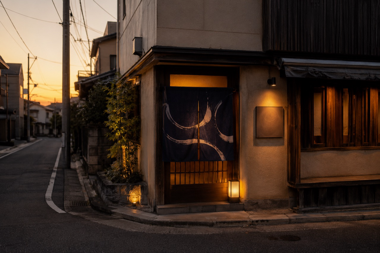 住宅街の角、ガラス張りの建物と自販機が目印