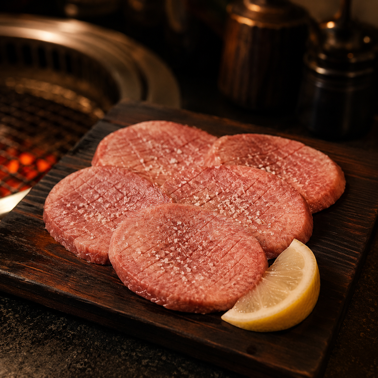 木の板に並ぶ厚切りの上タン塩、粗塩と一切れのレモン