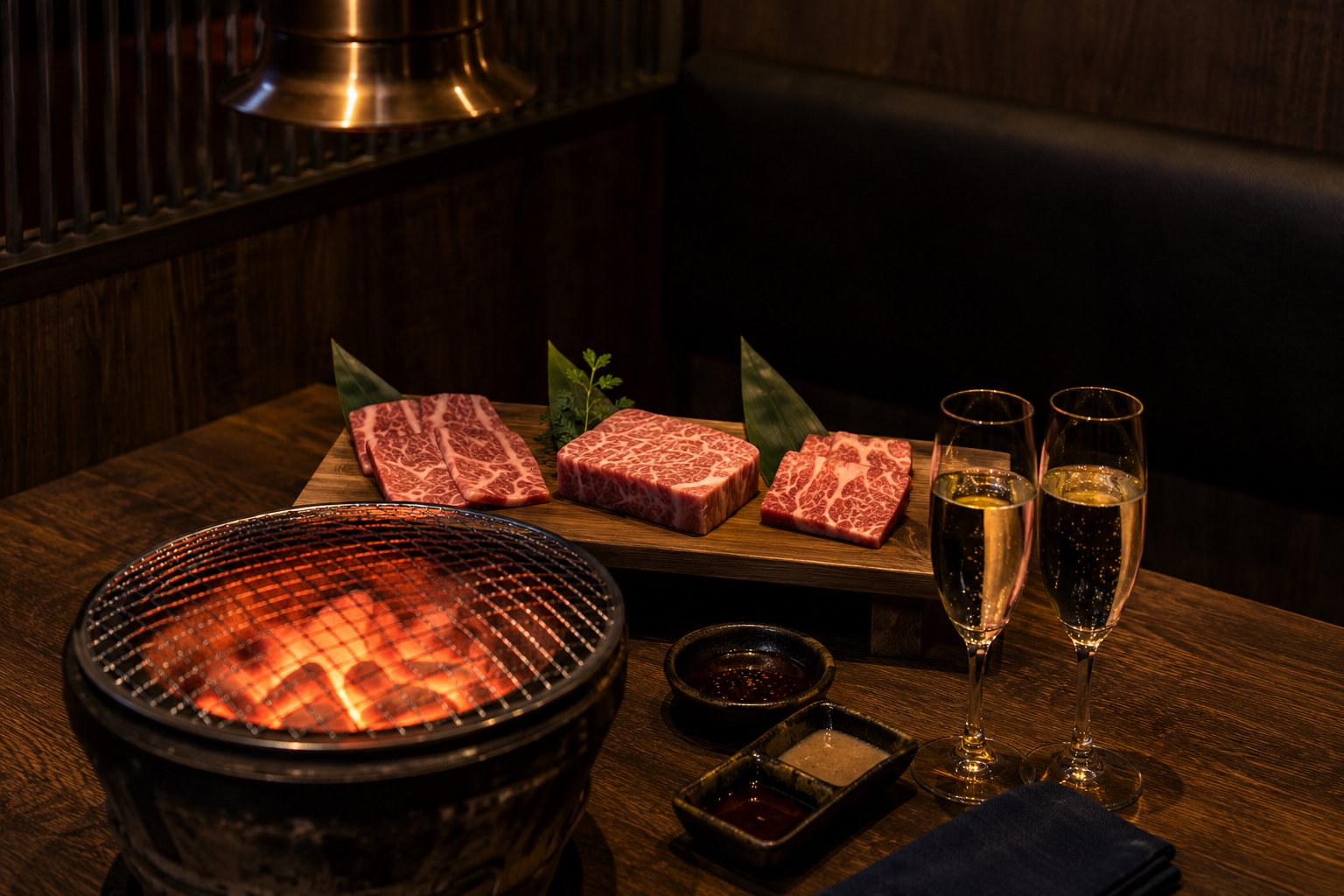 記念日のテーブル。七輪の炭火と並ぶ和牛の盛り合わせ、シャンパン2杯