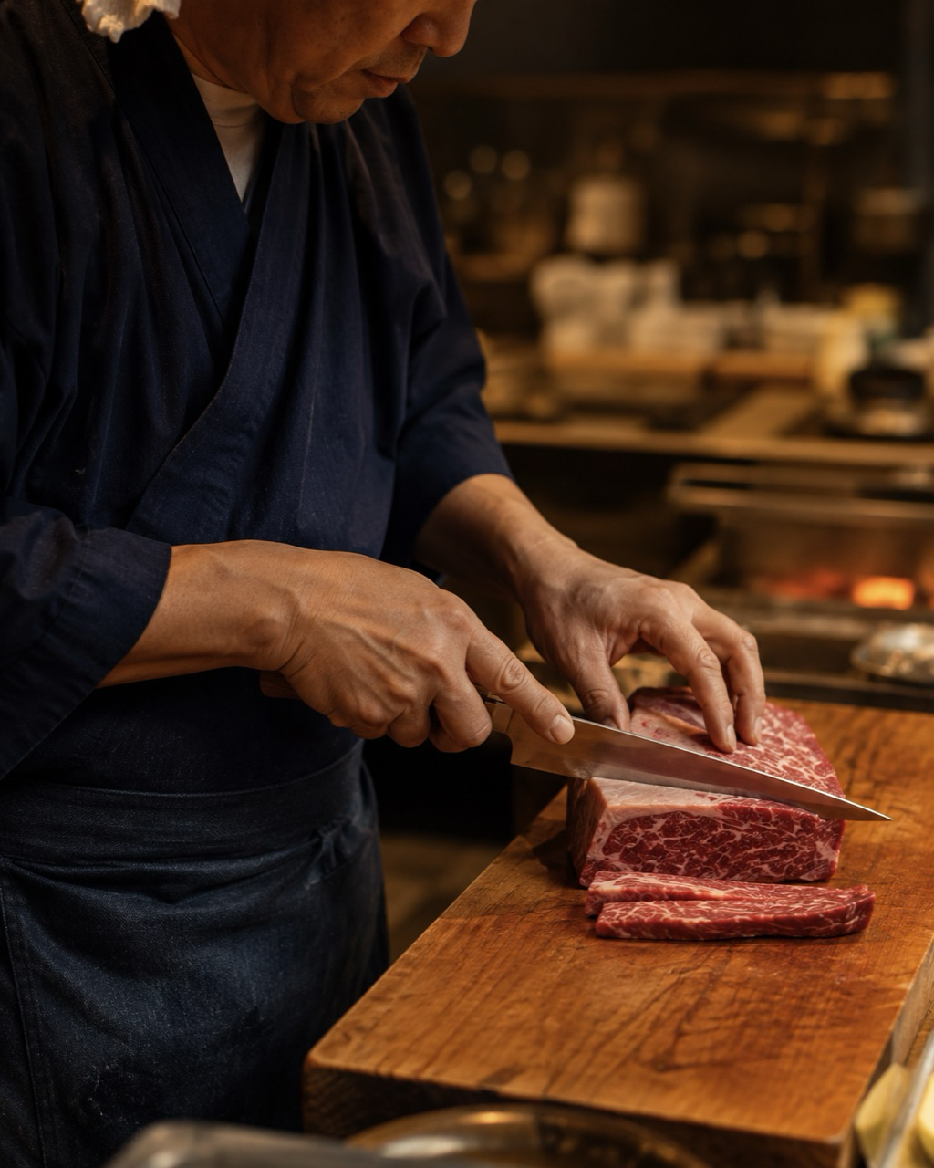 藍の作業着で長い包丁を使い、肉を切る店主の手元と横顔