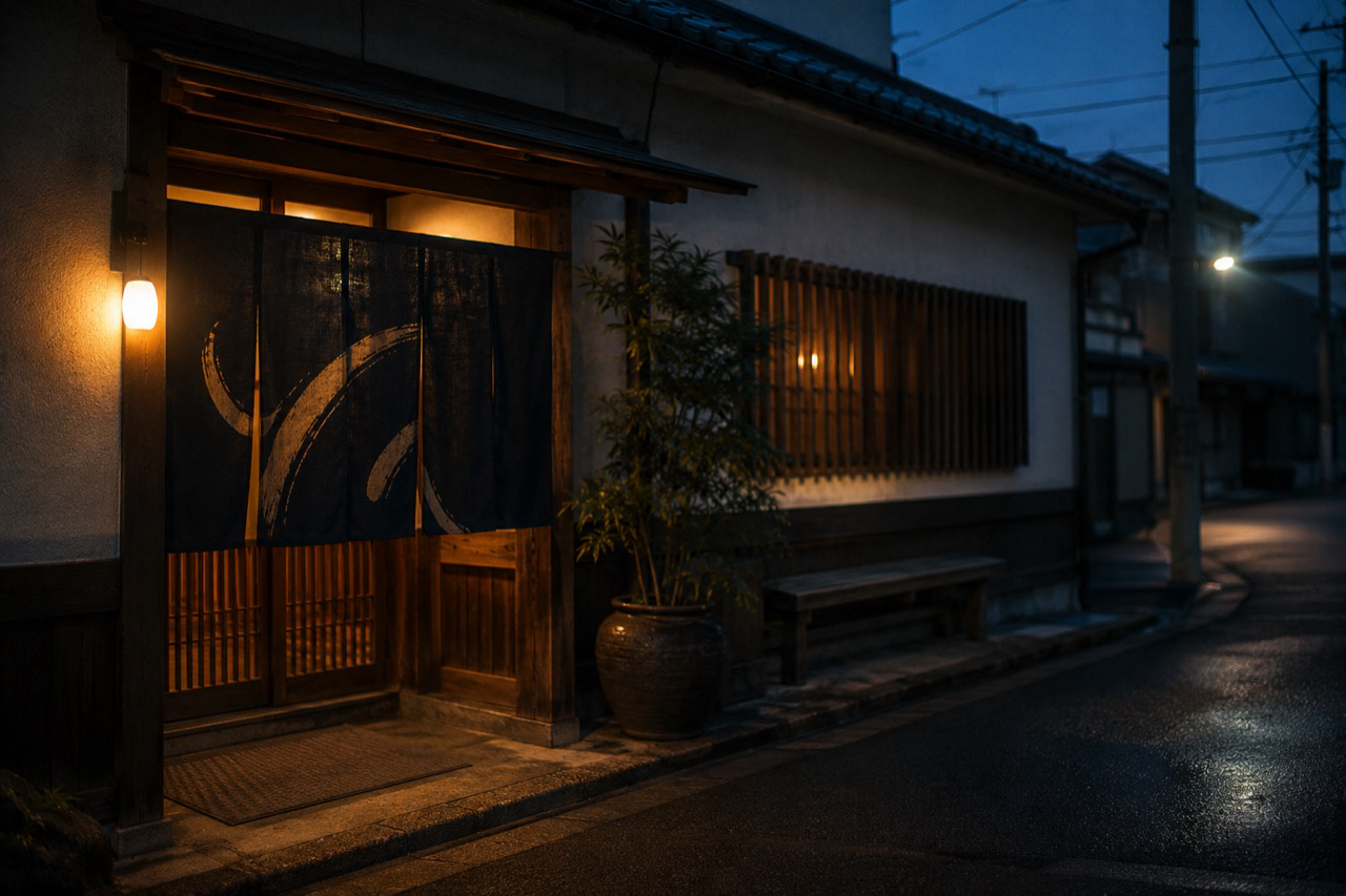 夜の住宅街に灯る藍の暖簾と提灯、店の入口