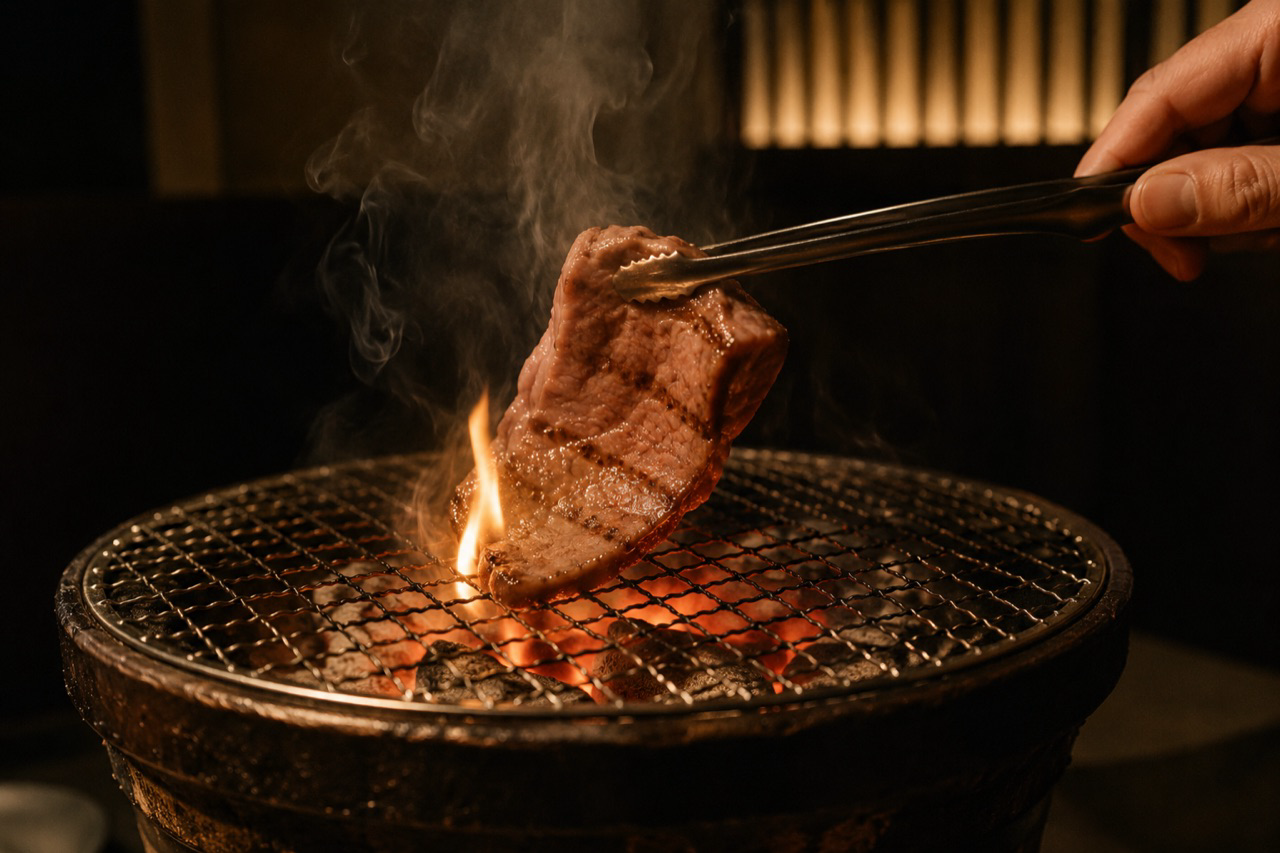 七輪の上で炎に包まれた肉をトングで掴む店主の手元、立ちのぼる煙
